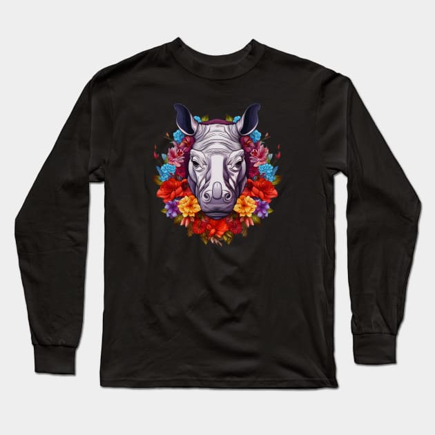 Honorable Javan Rhino and Floral Aesthetic Long Sleeve T-Shirt by Davies Creative Works